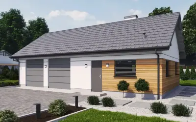 Nowoczesny budynek gospodarczy projekt: garaż na dwa samochody, drewniana elewacja, szary dach, zadbany ogród.