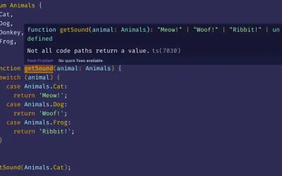 Kod TypeScript z instrukcją `switch case` dla enum `Animals`. Funkcja `getSound` zwraca dźwięk zwierzęcia.