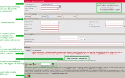 Formularz zgłoszenia reklamacji z polami do wypełnienia i instrukcjami.