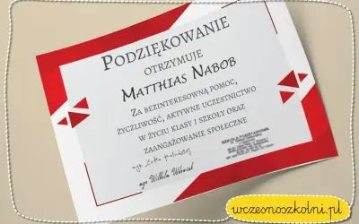Dyplom z podziękowaniami dla nauczyciela Matthiasa Naboba za pomoc i zaangażowanie.
