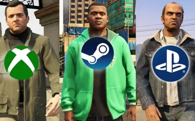 Michael, Franklin und Trevor von GTA 5 mit Logos von Xbox, Steam und PlayStation. Ein Wunschtraum für GTA 5 Crossplay.