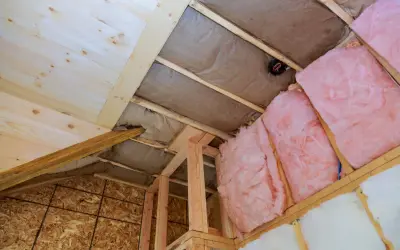Proceso de como aislar un techo por el interior con lana de vidrio rosa y material de madera.