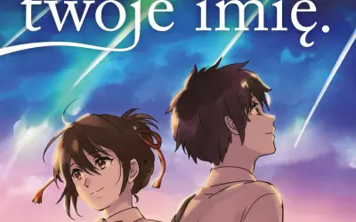 Dwoje młodych ludzi, bohaterów anime "twoje imię", patrzy w niebo.