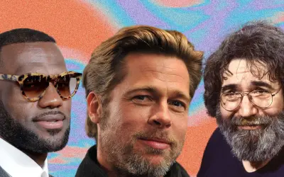 Trois hommes célèbres, chacun avec des barbes homme distinctes, posent sur un fond psychédélique.