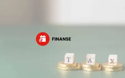 Co to jest podatek? Trzy kostki z literami T, A, X na stosach monet. Obok czerwone koło z ikoną kalendarza i napisem "FINANSE".