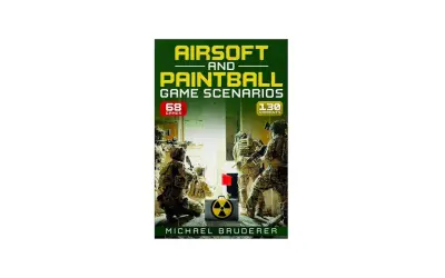 Libro "Airsoft and Paintball Game Scenarios" con soldados tácticos. Explora la diferencia entre airsoft y paintball.