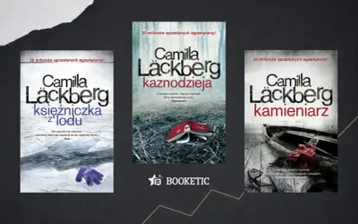 Okładki książek z serii Camilla Läckberg: "Księżniczka z lodu", "Kaznodzieja" i "Kamieniarz".