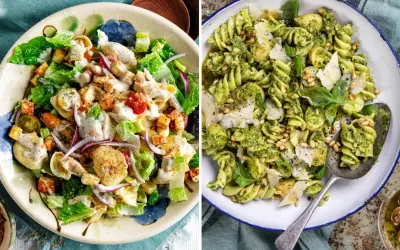 Två läckra pastasallad recept: en med kyckling och krutonger, den andra med pesto, pinjenötter och parmesan.