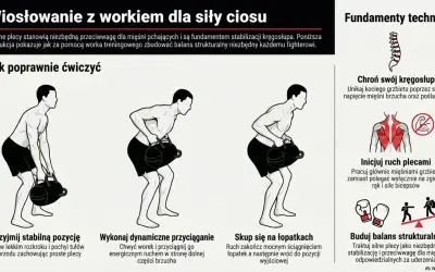 Ilustracja pokazuje mężczyznę wykonującego wiosłowanie z workiem treningowym. To ćwiczenie to kluczowy element treningu siłowego, budujący stabilizację i siłę.