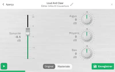 Égaliseur audio avec curseur de sonorité à -8.5 dB et réglages Aigus, Moyens, Bas à 0 dB. Option "Masterisée" activée, suggérant un traitement de dithering audio.