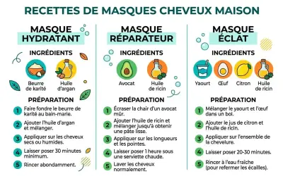 Recettes de masque cheveux maison : hydratant (karité, argan), réparateur (avocat, ricin), éclat (yaourt, œuf, citron, ricin).