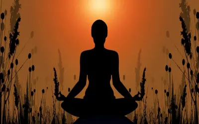 Silhuett av en person i meditationsställning, omgiven av gräs och med en solnedgång i bakgrunden. En bild som symboliserar meditation och hinduism.
