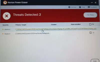Norton Power Eraser wykrył 2 zagrożenia, w tym plik systemowy. Kliknij "Fix Now", aby je usunąć.
