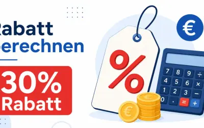 Rabatt berechnen: 30% Rabatt mit Taschenrechner und Münzen.