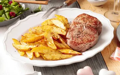 Zwei saftige Rinderfilets mit knusprigen Ofenkartoffeln – die perfekte Kombination, welches Fleisch zu Ofenkartoffeln passt, ist hier perfekt umgesetzt. Dazu ein frischer Salat.