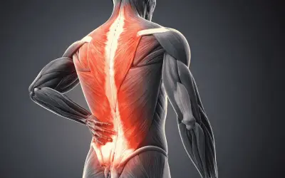Anatomie d'un homme montrant la douleur du dos droite, avec les muscles du bas du dos illuminés en rouge vif.