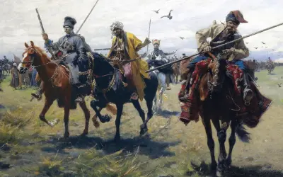 Józef Brandt obrazy: kawalkada konnych wojowników w orientalnych strojach, z bronią białą i palną, na tle stepu.