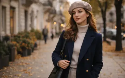 Elegancka kobieta w beżowym beretu i granatowym płaszczu, idealny przykład, jak nosić beret damski jesienią.