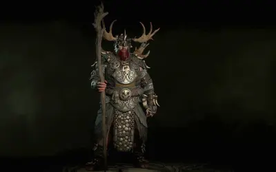 Potężny druid z Diablo 4, z porożem na hełmie i kosturem, gotowy do walki. Idealny diablo 4 druid build pl.