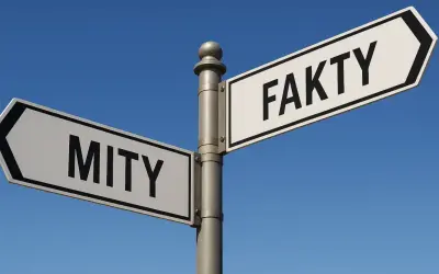Znak drogowy z napisami "MITY" i "FAKTY" symbolizuje rozróżnienie między prawdą a fałszem, jak na giełdzie pożyczek prywatnych.