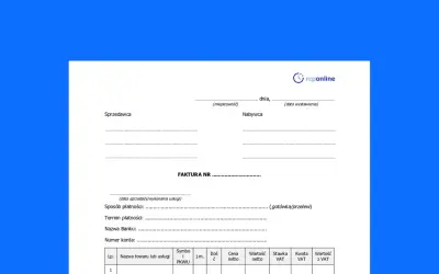 Szablon faktury VAT z polami do wypełnienia: sprzedawca, nabywca, dane transakcji, tabela pozycji.