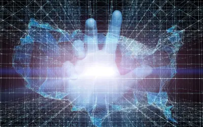 Eine leuchtende Hand durchbricht ein digitales Netz, das die USA formt. Das Gegenteil von Technokratie: Menschliche Berührung im Datenstrom.