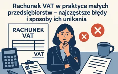 Zmartwiona osoba przy biurku z dokumentami VAT, kalkulatorem i kubkiem kawy. Temat: błędy w rachunkach VAT i jak ich unikać, w tym kwestia split payment.