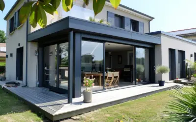 Une véranda moderne avec de grandes baies vitrées s'ouvre sur une terrasse en bois. La nouvelle loi sur les véranda permet de tels agrandissements.