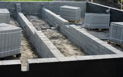 Budowa fundamentów z bloczków betonowych, widoczna izolacja pozioma fundamentów. Materiały budowlane czekają na użycie.