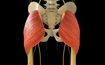 Der musculus gluteus maximus, der größte Gesäßmuskel, ist hier mit Nerven und Beckenknochen dargestellt.