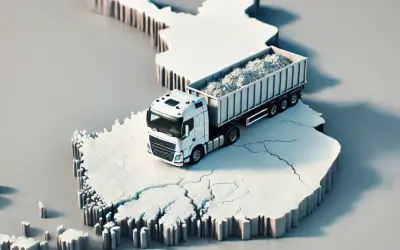Biała ciężarówka z naczepą pełną materiału na tle mapy Finlandii. Odkrywamy sekrety transportu zwycięskich kul do studia losowań w Finlandii.