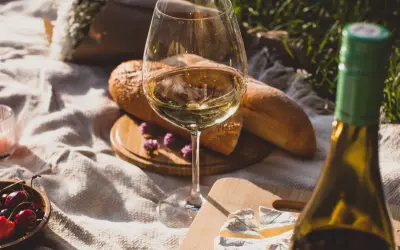 Un bicchiere di vino bianco, pane, formaggio e ciliegie su una coperta da picnic. Le caratteristiche del sangiovese vino sono perfette per un picnic.