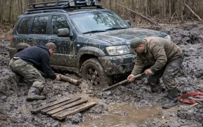 Dwóch mężczyzn próbuje wydostać zakopany w błocie samochód terenowy. Jeden kopie łopatą, drugi podkłada drewno. Oto jak wyjechać z błota.