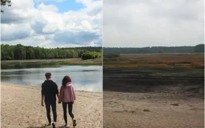 Para spaceruje po piaszczystej plaży nad jeziorem, w tle las. Po prawej stronie rozległe mokradła, tworzące dziki zwierzyniec. Trasa widokowa.