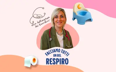 Dottoressa sorridente con stetoscopio, vasino e rotolo di carta igienica. Affronta temi come vomito e diarrea bambini.