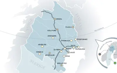 Karta över Swedish Lapland med flygplatser och orter. En rutt markerad visar besökarnas väg genom norra Sverige.