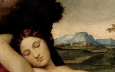 A sleeping Venus rests peacefully, her arm behind her head, amidst a serene landscape with distant mountains and a lone tree.