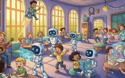 Kinder lernen in einer lebendigen Klasse mit Robotern und einer Lehrerin, die Gitarre spielt. Ein Junge fliegt mit einem Jetpack. Dies ist eine Vision der Schule in der Zukunft.