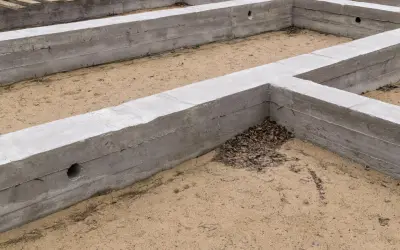Betonowe ściany fundamentowe tworzą zarys przyszłego budynku. To dopiero stan zero, początek budowy domu.