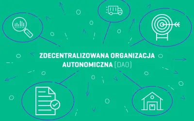 Zdecentralizowana organizacja autonomiczna (DAO) to przyszłość zarządzania. Ikony symbolizują analizę, logistykę, cele, dokumenty i siedzibę.