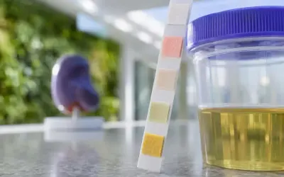 Test paskowy do analizy moczu obok pojemnika z żółtym płynem. Model nerki w tle. Czy stres wpływa na białko w moczu?