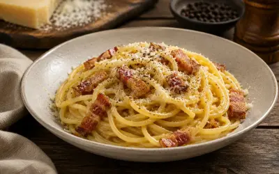 Pyszne spaghetti carbonara z chrupiącym guanciale, posypane parmezanem i pieprzem. To właśnie guanciale co to jest, sekret smaku!