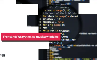 Kod źródłowy z powiększeniem, tekst "Frontend: Wszystko, co musisz wiedzieć" i logo it4eb.