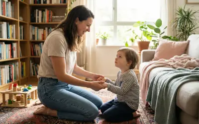Mama i dziecko trzymają się za ręce, wspierając rozwój dziecka w przytulnym pokoju z książkami i zabawkami.