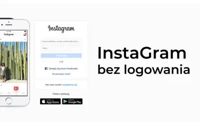 Telefon z Instagramem i formularz logowania. Tekst "Instagram bez logowania" sugeruje możliwość przeglądania treści bez konta.