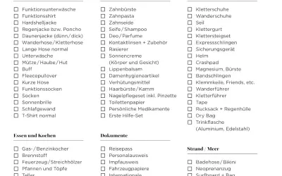 Packliste für das Mobilheim: Kleidung, Hygieneartikel, Ausrüstung, Essen, Dokumente und Strandutensilien. Alles für den perfekten Urlaub.
