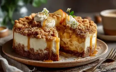 Ein köstlicher Apfel-Crumble-Käsekuchen, dekoriert mit Sahne und Karamell. Ein perfektes Crumble Rezept für Genießer.