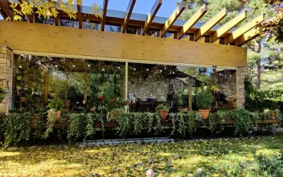 Edificio con cortinas de cristal inconvenientes, lleno de plantas y rodeado de hojas caídas.