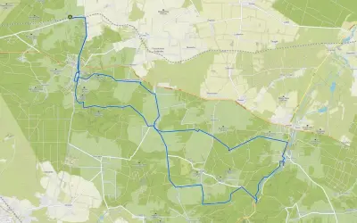 Trasa rowerowa Olsztyn: mapa z zaznaczonymi ścieżkami przez lasy i wsie, prowadząca przez malownicze tereny.