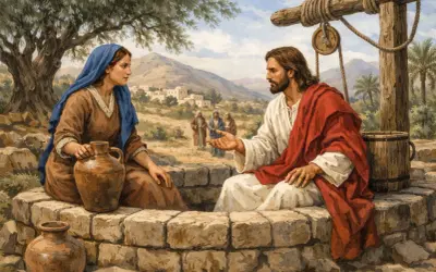 Jezus i Samarytanka przy studni Jakubowej. Rozmawiają, ona trzyma dzban.